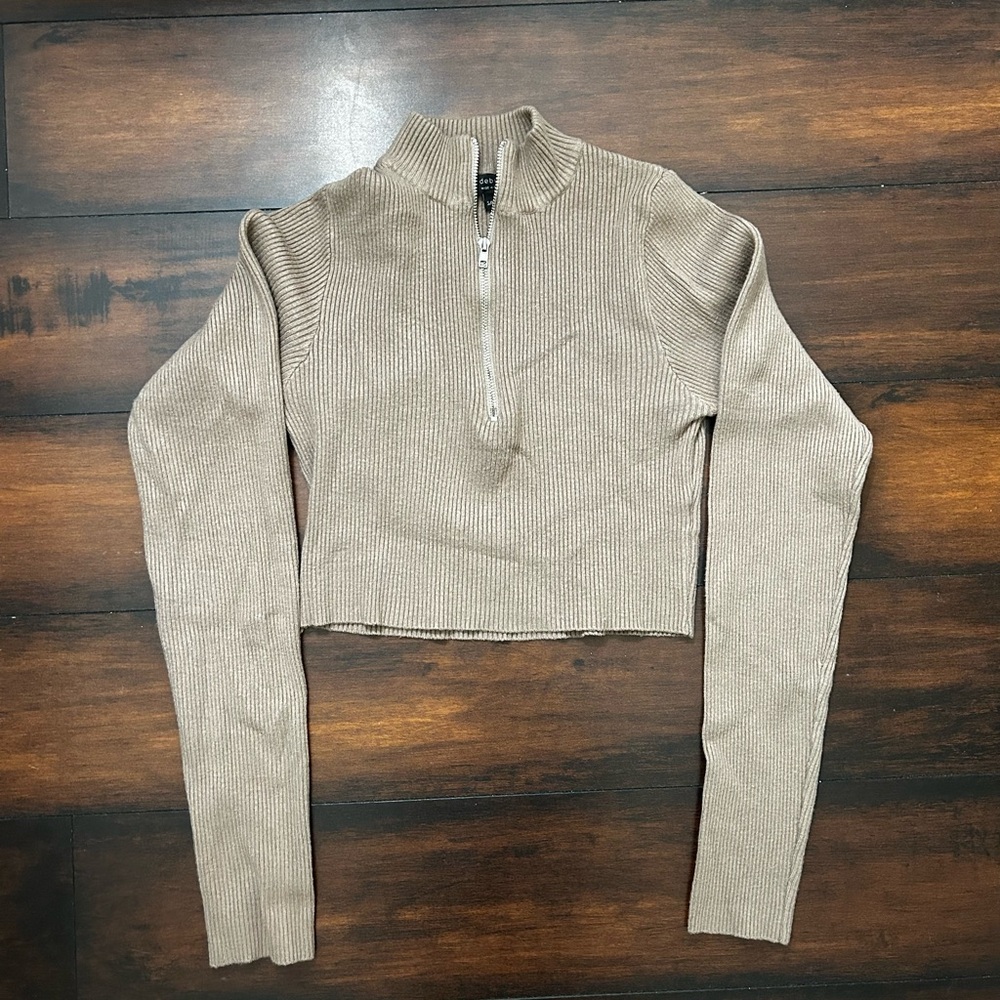 Cropped Half Zip Knit Sweater - Light Brown